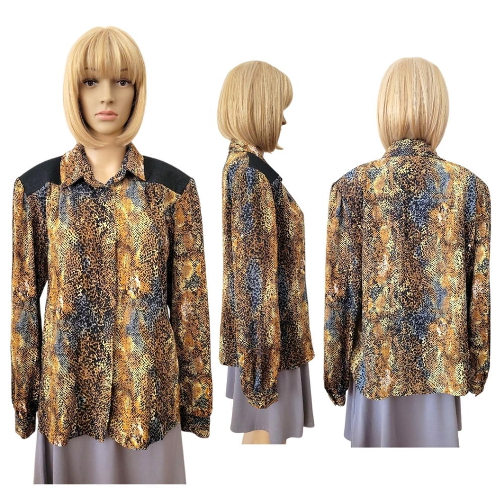 VINTAGE 80s, 90s, NICOLA Button Down LS Animal Print Shirt, 10, EUC